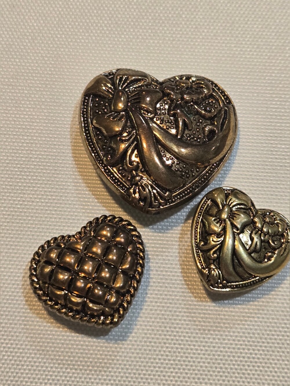 Vintage Heart Button Covers Set of 3 Silver Tone Mixed Design Bow Floral & Woven